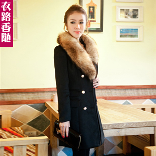 1212全民疯抢2011冬新女装真貉子毛领韩版修身长款呢大衣毛呢外套 \