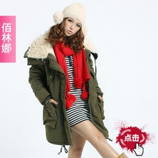 2011新款冬装韩版女装中长款军绿色工装羊羔绒棉服外套特大码棉衣 \