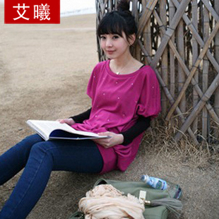 艾曦2012春装新款女装韩版大码蝙蝠泡泡袖打底衫烫钻长款长袖T恤 \
