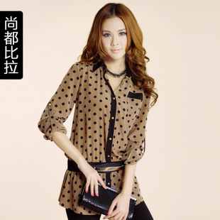 2012新款春装大码女装 韩版OL复古雪纺衫 长袖波点衬衣 修身衬衫 \