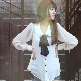 2012新款春装韩版雪纺蕾丝女甜美蝴蝶结长袖衬衫衣娃娃衫E0030 \